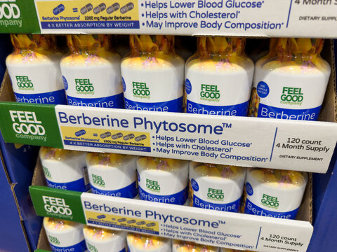 Feel Good Company Berberine Phytosome Supplement Bottles On Retail Shelf Display At Costco