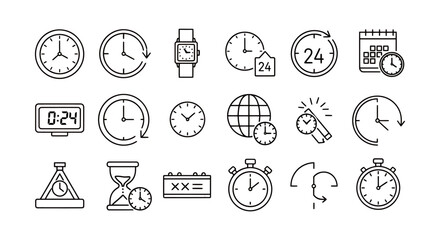 Fototapeta premium Collection of assorted timekeeping clocks and timers icons for design projects.