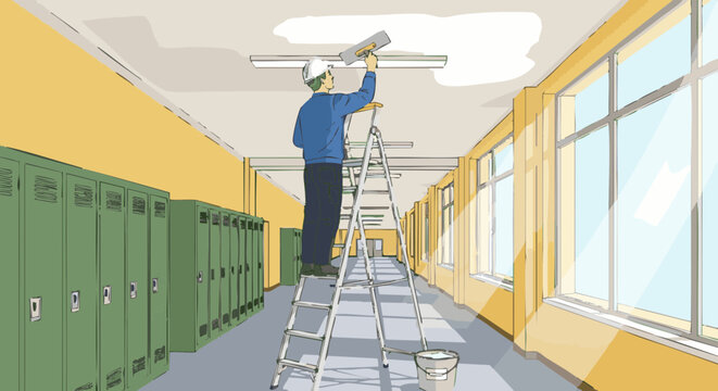 Worker on ladder plastering ceiling in school hallway. Vector illustration of building maintenance and renovation