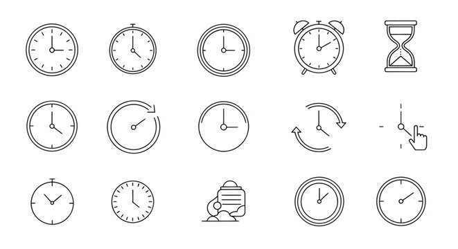 Collection of clocks and timepieces featuring analog, digital, and hourglass designs suitable for graphic resources.