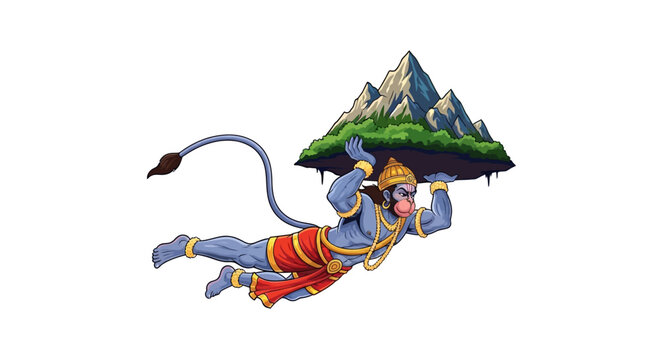 Detailed vector illustration celebrating Hanuman Jayanti, depicting the deity carrying a mountain against a clean white background, designed with vibrant colors and dynamic pose
