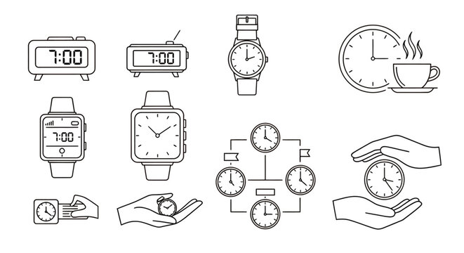 Collection of time and coffee icons featuring clocks, wristwatches, and a central network diagram motif.