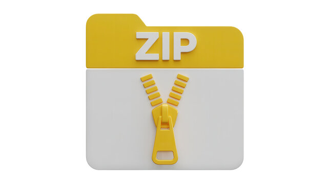 3D rendered yellow zip file icon with open zipper, representing data compression and archiving, isolated on transparent background