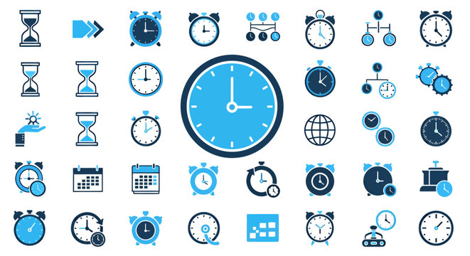 Blue timepiece icon set featuring clocks, timers, and watch faces in a decorative pattern.