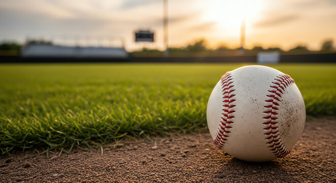 Baseball on dirt infield at sunset, stadium lights, grass field, sports concept