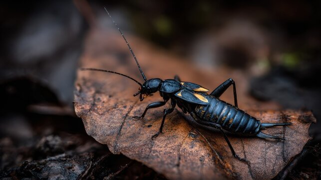 A Black Earwig with Prominent Pincers Seeking Shelter on a Dry Leaf