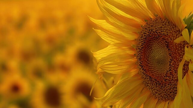 Close-up of a vibrant yellow sunflower head with intricate seed pattern and blurred floral background