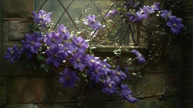 Vibrant Purple Clematis Flowers Climbing a Rustic Weathered Trellis in a Garden Setting