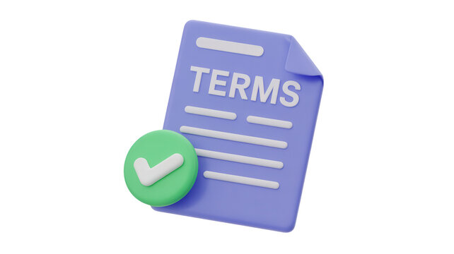 3D terms and conditions document with green checkmark approval icon isolated on transparent background