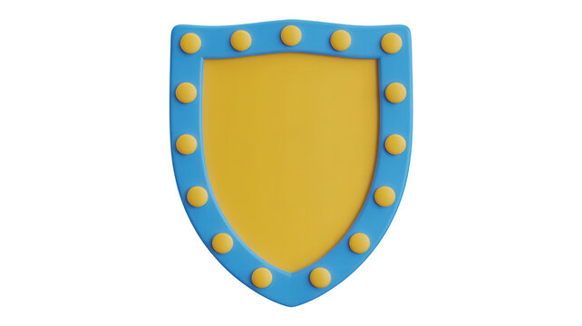 3D rendered yellow shield design with blue border and rivets isolated on transparent background