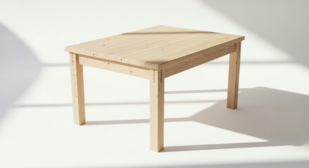 Fototapeta premium Minimalist wooden table on white background with natural light and shadow.