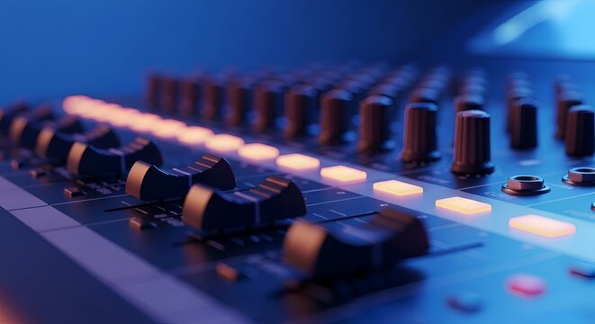 Close-up of audio mixing board with illuminated buttons and faders soundboard
