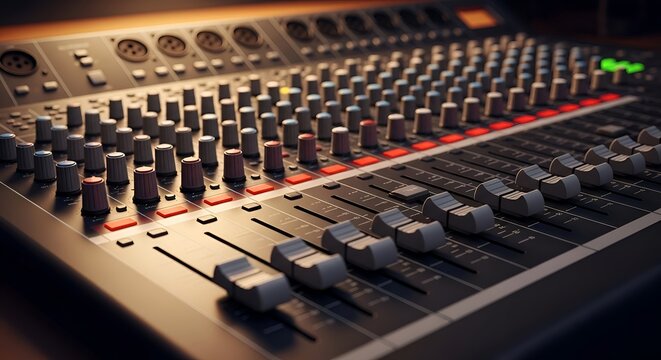 Close-up of audio mixing console with faders and knobs