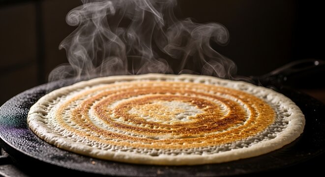Crispy golden dosa being cooked on a hot tawa with steam rising in a dark kitchen. rava dosa