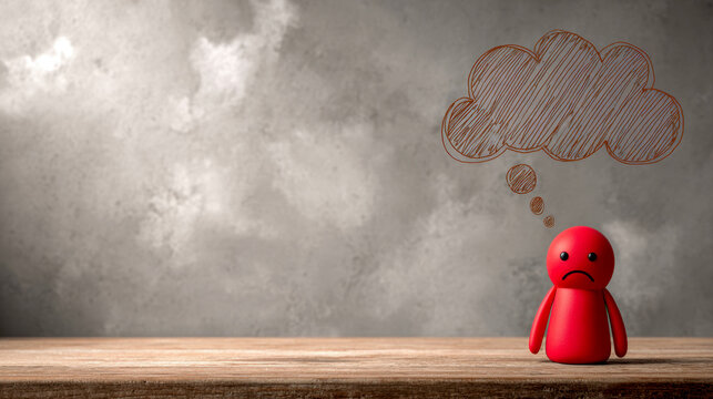 A small red figure with a sad face and drooping arms standing on a wooden surface with a drawn gloomy cloud thought bubble above its head against a textured gray bac