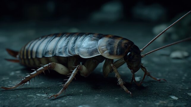 Detailed macro shot of a segmented cockroach insect with prominent exoskeleton crawling on a dark textured surface.
