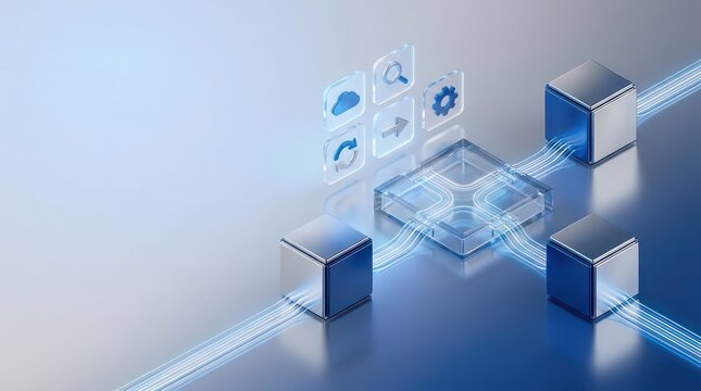 Abstract cloud routing hub with connected server cubes and floating icons on transparent glass frame, blue technology header background with copy space