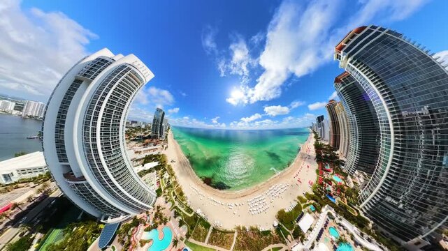 Extreme surreal distorted aerial drone video Miami Sunny Isles Beach