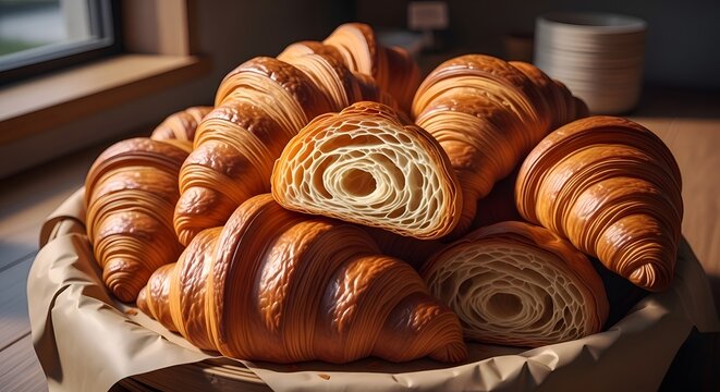 Golden brown croissants stacked on brown paper baked pastry breakfast