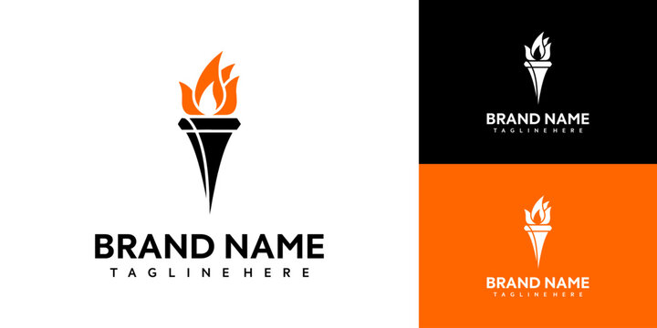 A close-up view of a stylized torch logo with flames on a white background next to a brand name and a tagline on a black and orange color block.
