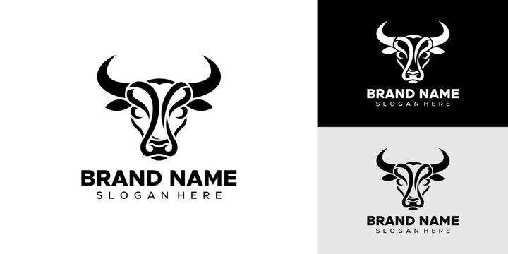 A minimalist bull logo design features a stylized head with curved horns and ears on a white, black, and gray background with brand name text.