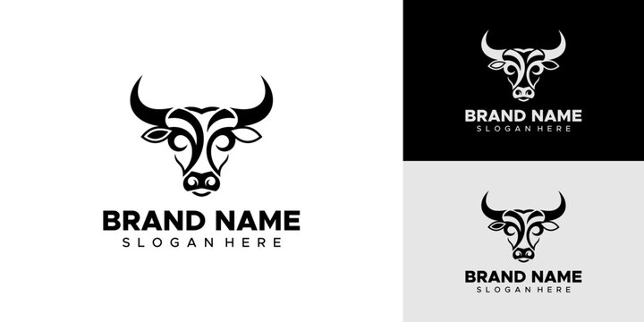 A bull logo design with brand name and slogan on white background with black and grey variations