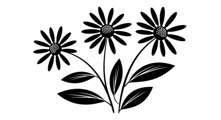 Fototapeta premium Three black and white stylized flowers with leaves on a white background.