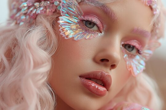 a close up of a portrait of woman shows pink with crystal beads and soft curls. with fantacy 