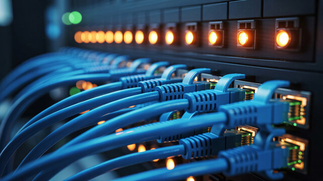 Blue ethernet network cables connected to a server in a data center for internet and telecommunications