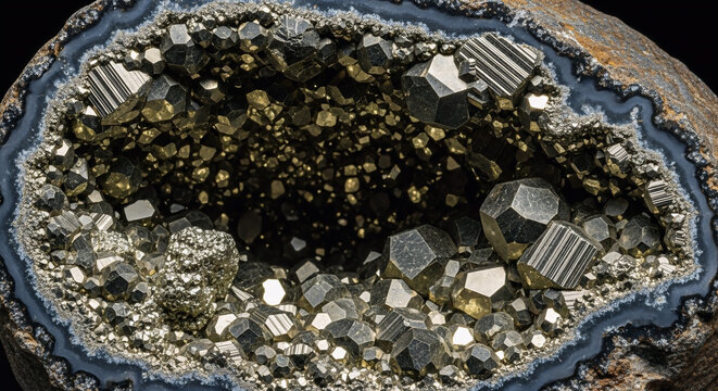 Geode dengan Kristal Pirit Berbentuk Kubus yang Berkilau