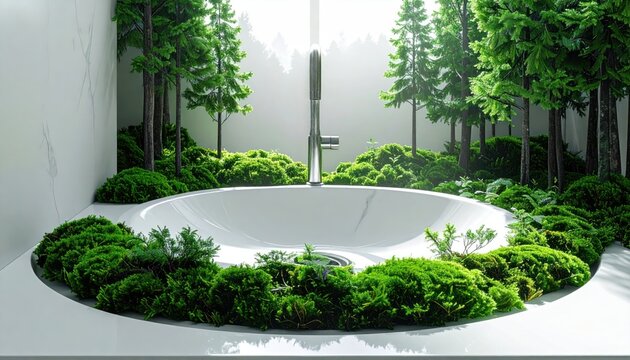 Bathroom sink integrated with nature scene; trees, moss, light