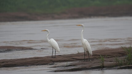 Obraz premium Two elegant white egrets standing poised in shallow river water on a rocky shore