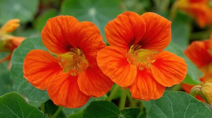 Fototapeta premium Vibrant Orange Nasturtium Flowers with Detailed Petals in Natural Garden Setting