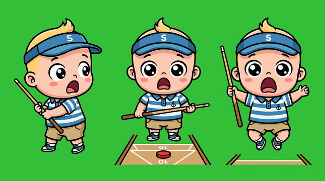 Adorable Cartoon Babies Playing Shuffleboard on Green Background.