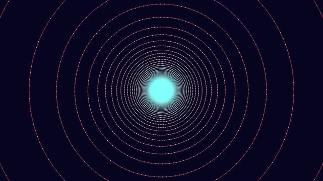 Animated concentric rings forming a tunnel toward a bright glowing center on a dark background, futuristic geometric pattern for technology, sci fi, and data visuals
