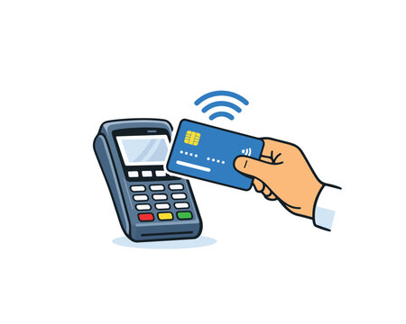 Contactless Payment Concept Hand Tapping Credit Card on POS Terminal Flat Vector Illustration