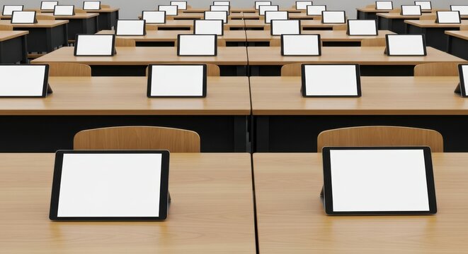 Digital Learning Hub Classroom with Tablets on Desks Technology in Education Personalized Learning Environment Collaborative Workspace Interactive Displays for Enhanced Engagement