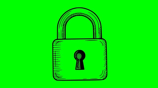 Animated hand drawn padlock icon with black fill and sketchy lines. This security symbol features a green screen chroma key background for easy integration in video projects, no white fill included