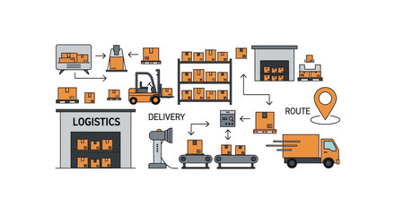 A vector illustration depicting smart delivery and warehouse logistics, showcasing a forklift, conveyor belt, and delivery truck against a clean white background with a minimalist style © Anggora