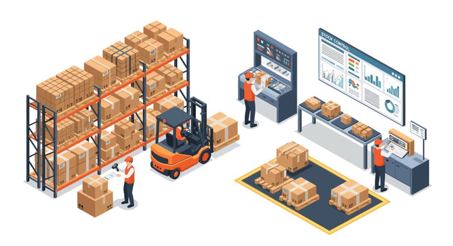 Isometric vector illustration showing warehouse workers managing logistics and supply chain operations with a forklift and automated systems, set against a clean white background