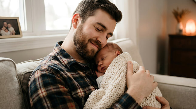 Bearded young father tenderly cradling sleeping newborn baby wrapped in warm knit blanket, peaceful paternal bond and affectionate embrace showing loving dad holding infant child close at home
