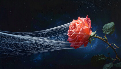Rose in web against dark background