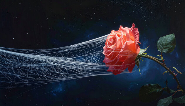 Rose in web against dark background