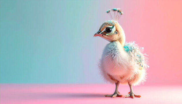 Young peacock portrait against pastel colors