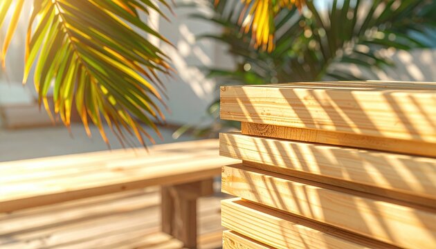 Close up stacked natural wood timber with palm leaf shadow. Warm sunlight on fresh lumber board. Eco friendly tropical construction. Sustainable lifestyle building material background