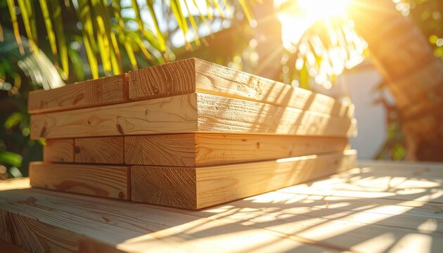 Stacked light wooden planks outdoors in warm summer sun, tropical palm tree shadows. Backyard diy project materials. Eco friendly building. Natural timber pile on tropical background