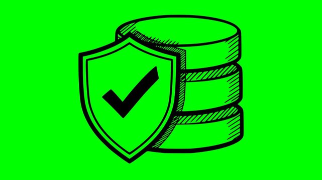 Hand drawn style animation of a database server with a security shield on green chroma key background. Black fill sketch icon representing data protection and cyber security for motion graphics