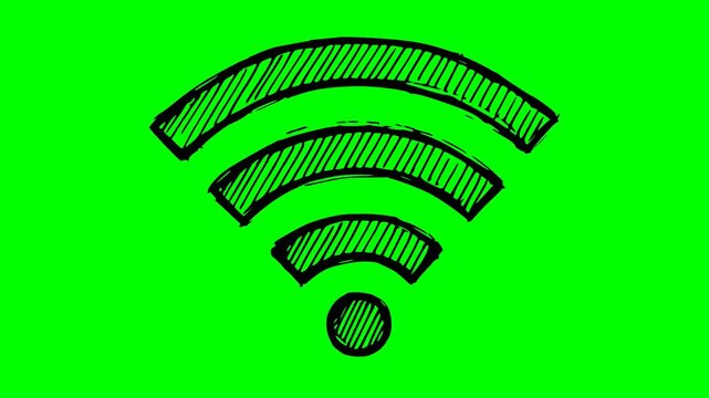 hand drawn wifi symbol animation with black fill and hatch texture on green screen chroma key background. Seamless signal icon for technology and internet connectivity projects