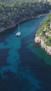 Aerial View of Anchored Yacht in Cala Pi Cove, Palma de Mallorca, Spain