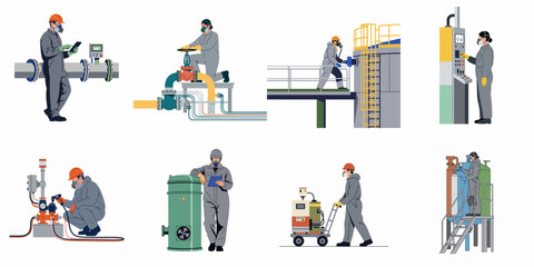 Obraz premium Set of industrial workers in protective suits and masks performing various technical tasks like maintenance, operation, and monitoring at a factory or refinery.